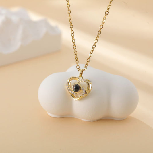Close-up of heart photo projection pendant - custom engraving