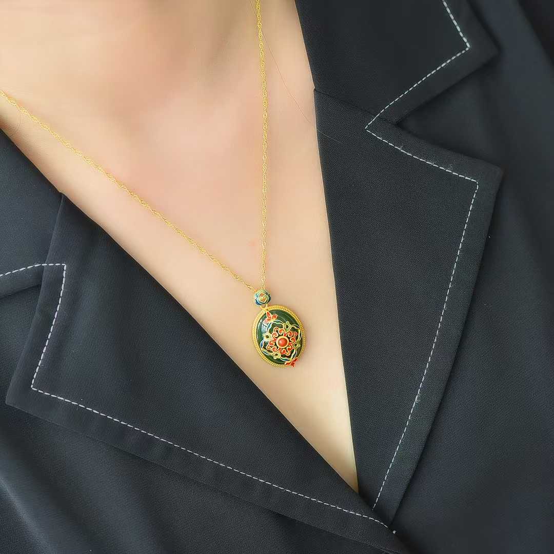 925 Silver-Inlaid Hetian Green Jade Pendant with "Continuous Blessings & Fortune" Meaning & Enamel Accents