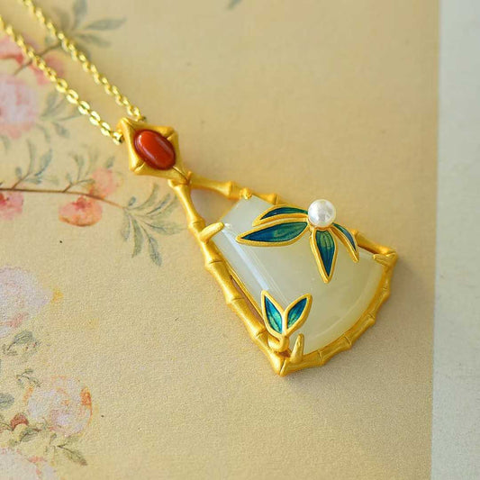 925 Silver-Inlaid Hetian Jade Pendant (Trapezoidal Shape with Bamboo Leaf Motif, Pearl & Enamel Accents)