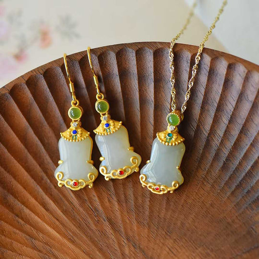 Ancient - Style Silver & Hetian Nephrite "Triumph at First Try" Qipao Jewelry Set - jewelry - weilin.com