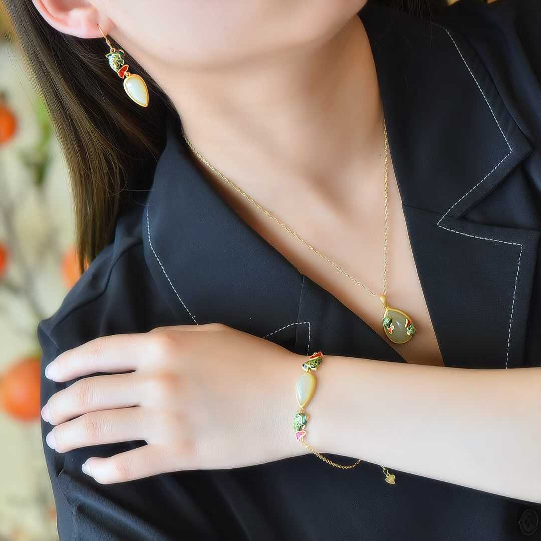 Ancient - Style Silver Inlaid Hetian Nephrite "Lotus & Fish (Year After Year Abundance)" Enamel Set - jewelry - weilin.com