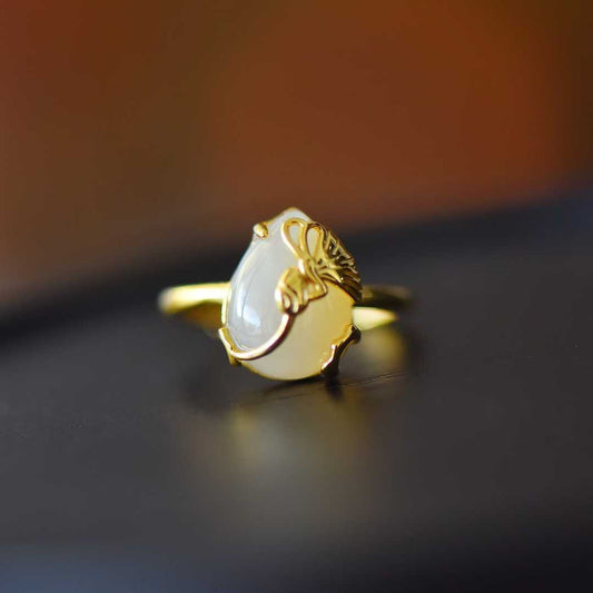 925 Silver Inlaid White Hetian Nephrite "Butterfly on Flower" Teardrop Ring