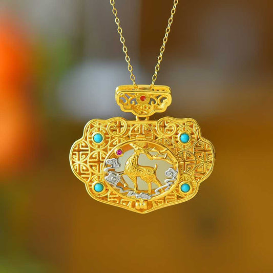 925 Silver Inlaid Nephrite "Deer & Crane for Auspiciousness" Two-Tone Pendant