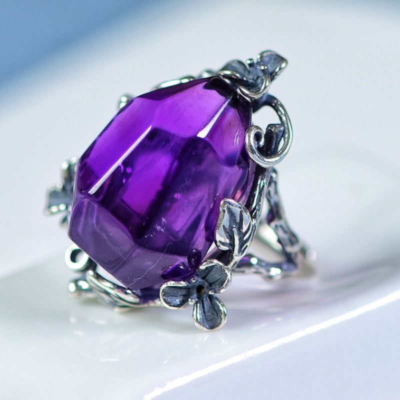 Natural Brazilian Amethyst Fireworks Faceted Ring