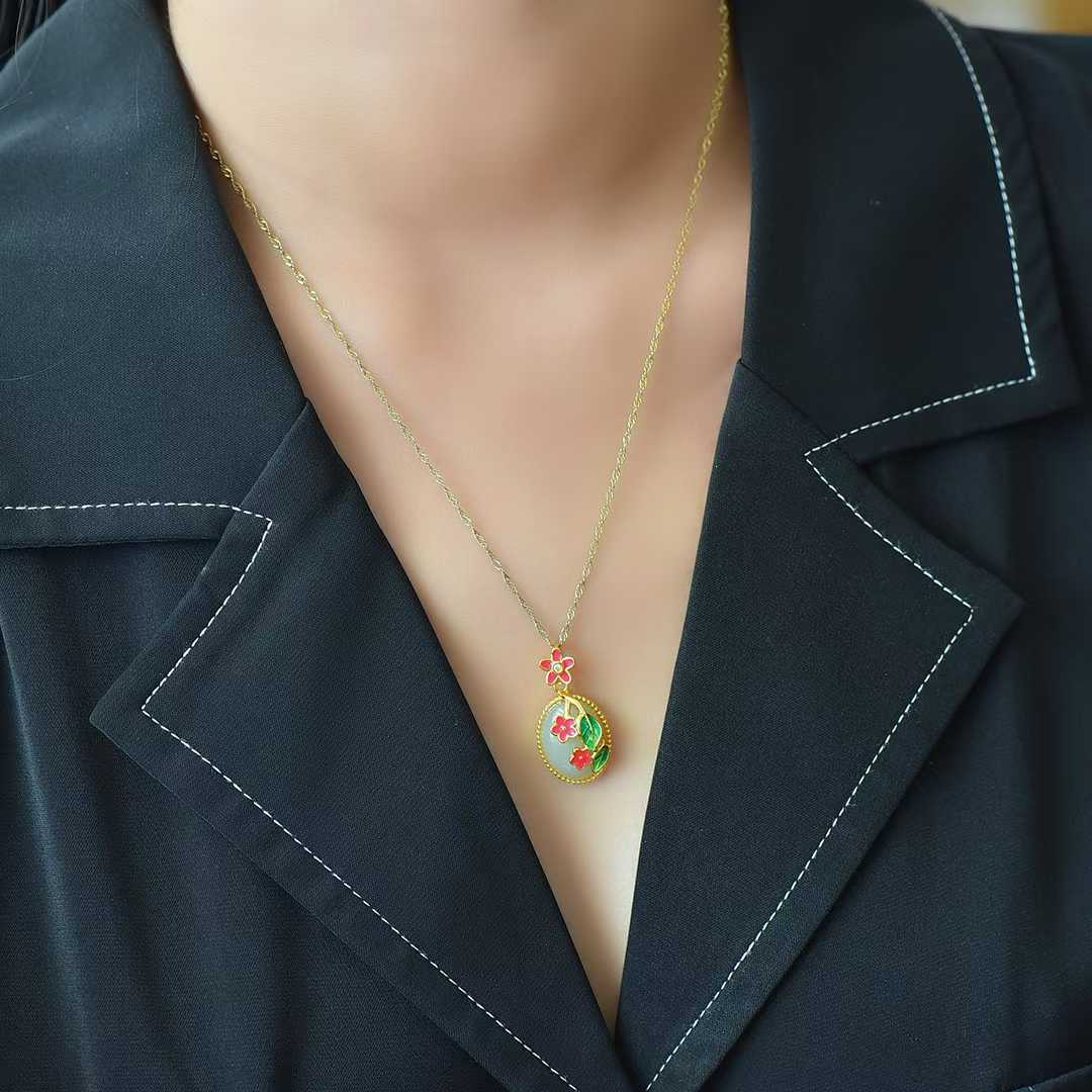 925 Silver Inlaid Nephrite "Blooms in Mid-Summer" Pendant