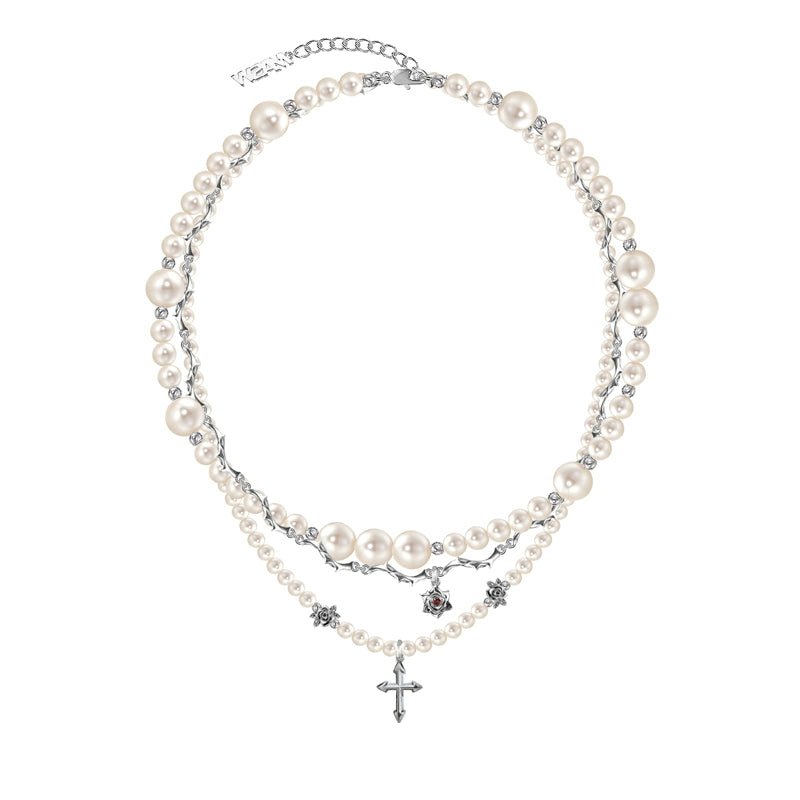 Baroque pearl cross necklace with layered chains - jewelry - weilin.com