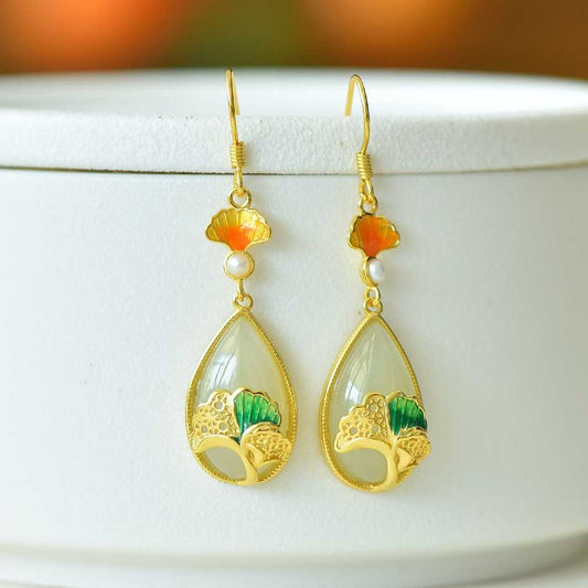 925 Silver Inlaid Nephrite "Destiny in Apricots" Teardrop Earrings