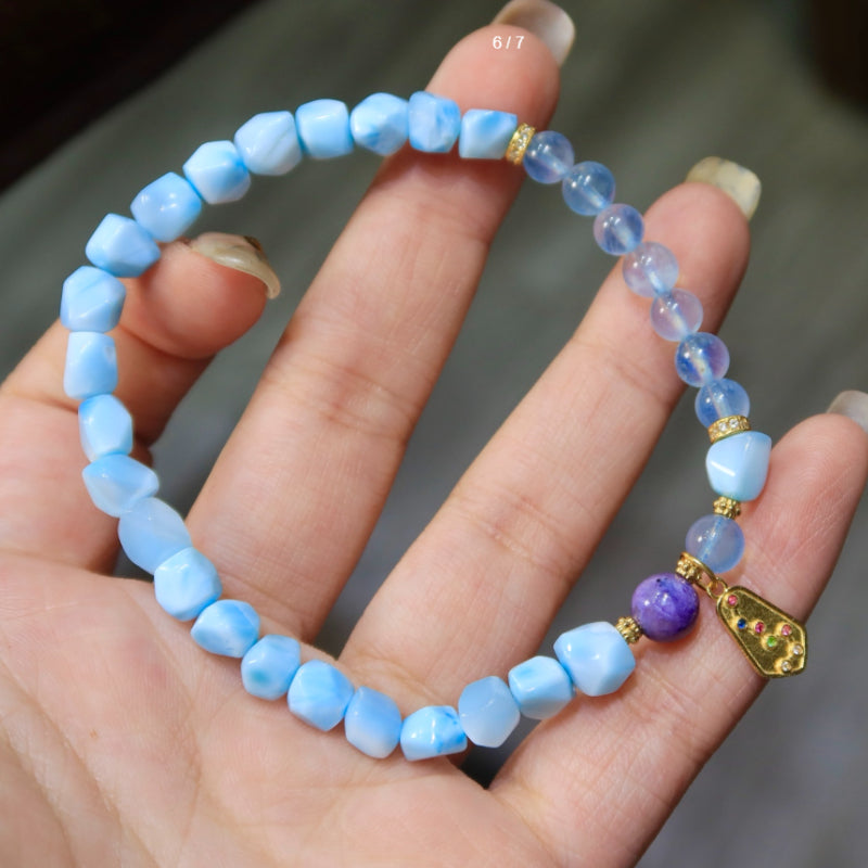 Natural Larimar Sea Pattern Stone Free-Form Bracelet