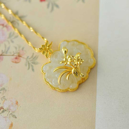 925 Silver Inlaid Nephrite Orchid Pendant