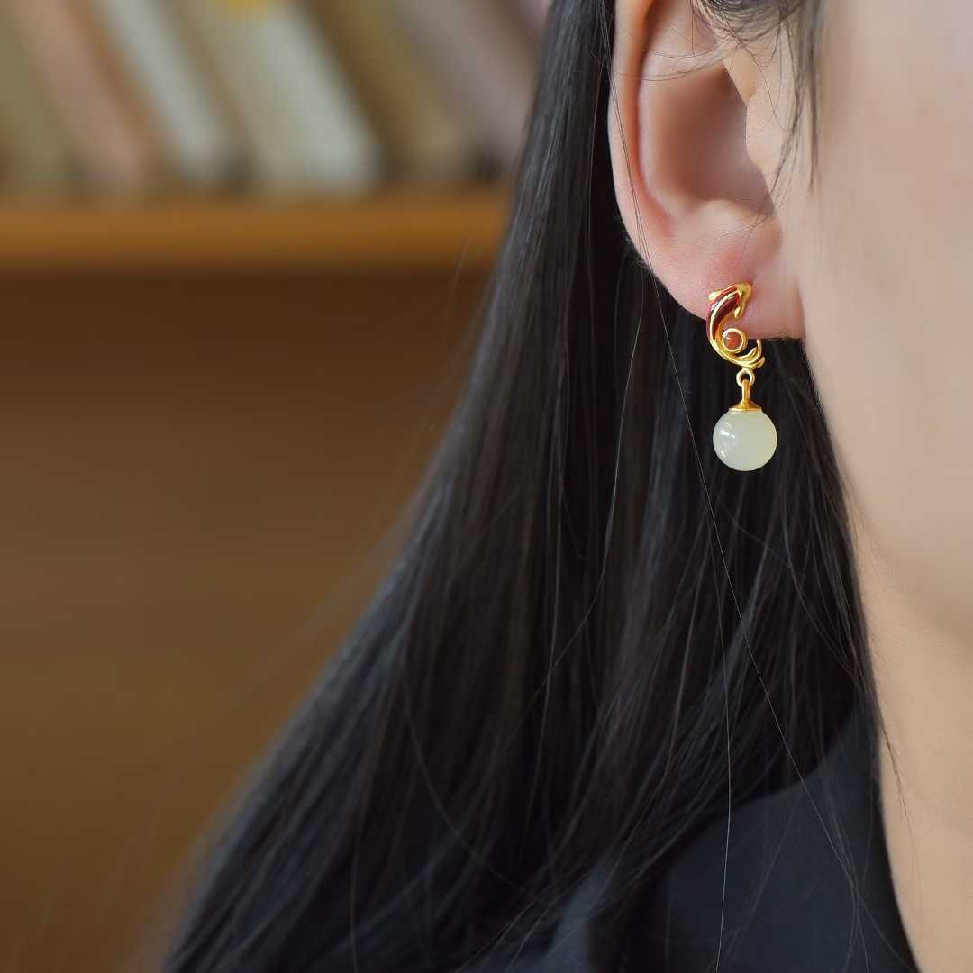925 Silver Inlaid White Hetian Nephrite "Abundance Every Year" Fish Stud Earrings