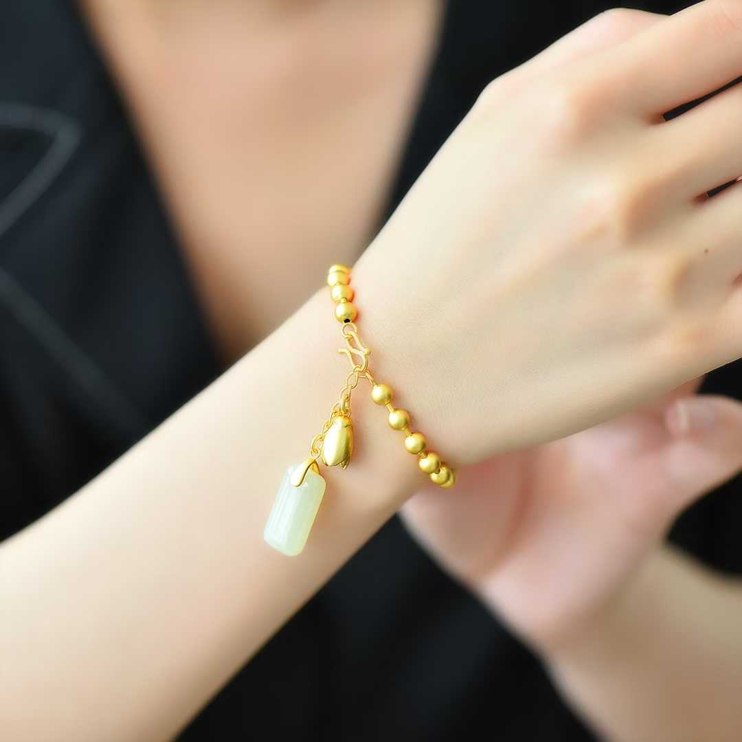 925 Silver-Inlaid Hetian Jade Bracelet with Rectangular Double-Drum & Plain Silver Beads