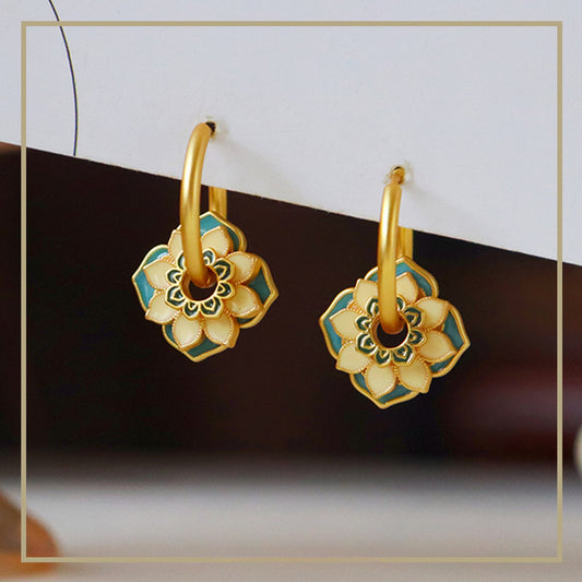 Oriental Ancient Style Oil Drop Enamel Summer Flower Earrings - jewelryweilin