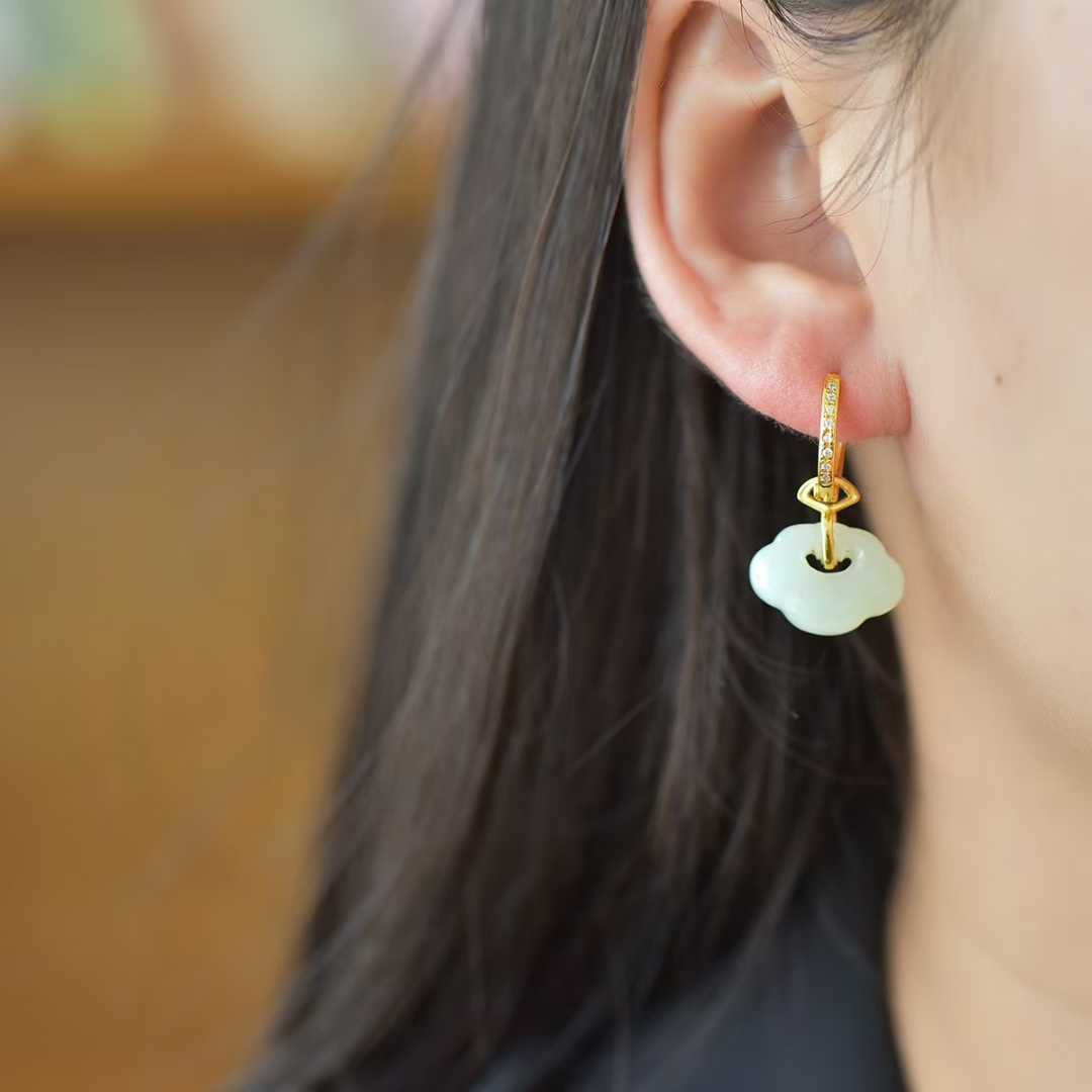 925 Silver Inlaid Nephrite "Everything Goes as You Wish" Earrings