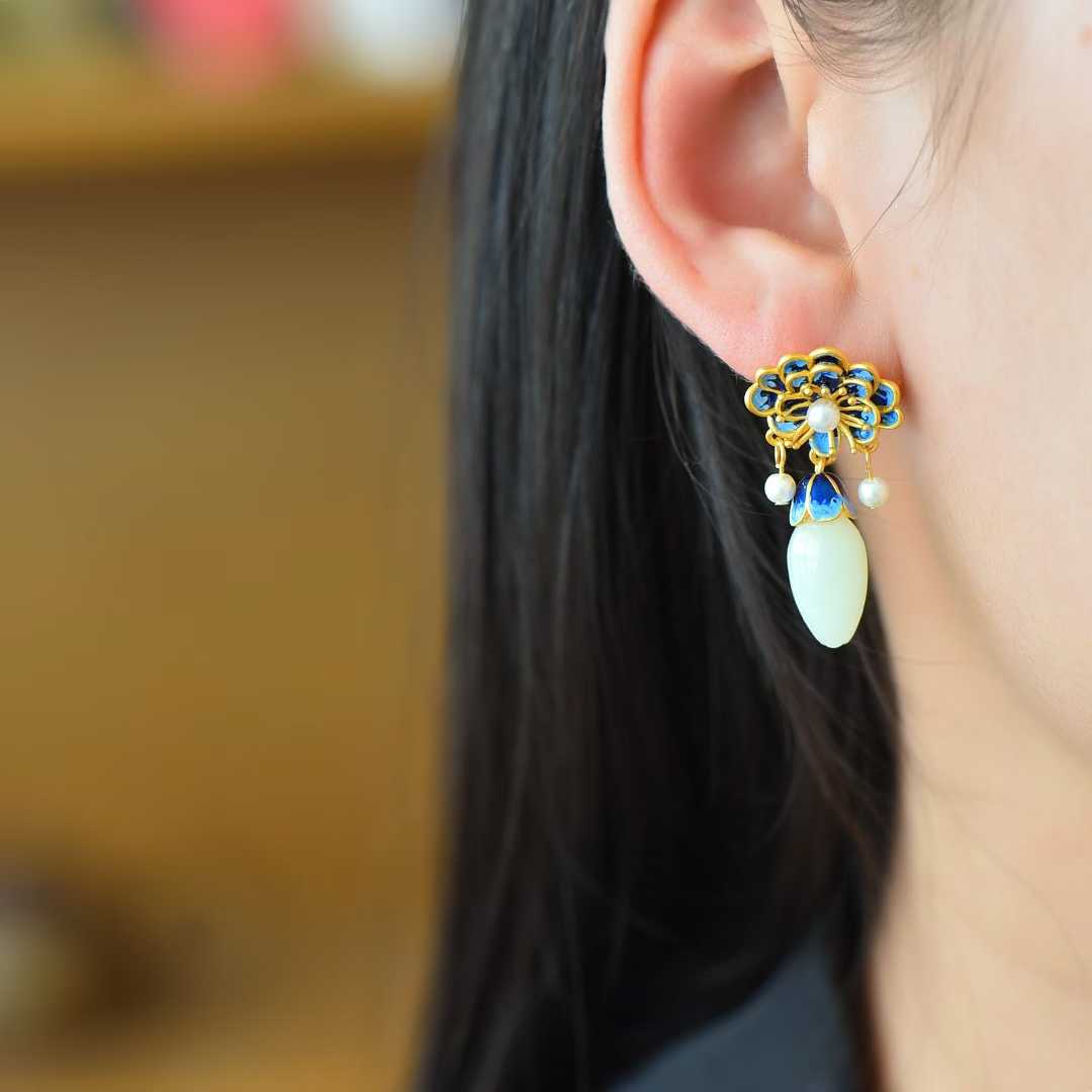 925 Silver Inlaid Hetian Nephrite "Peony in Bloom" Earrings