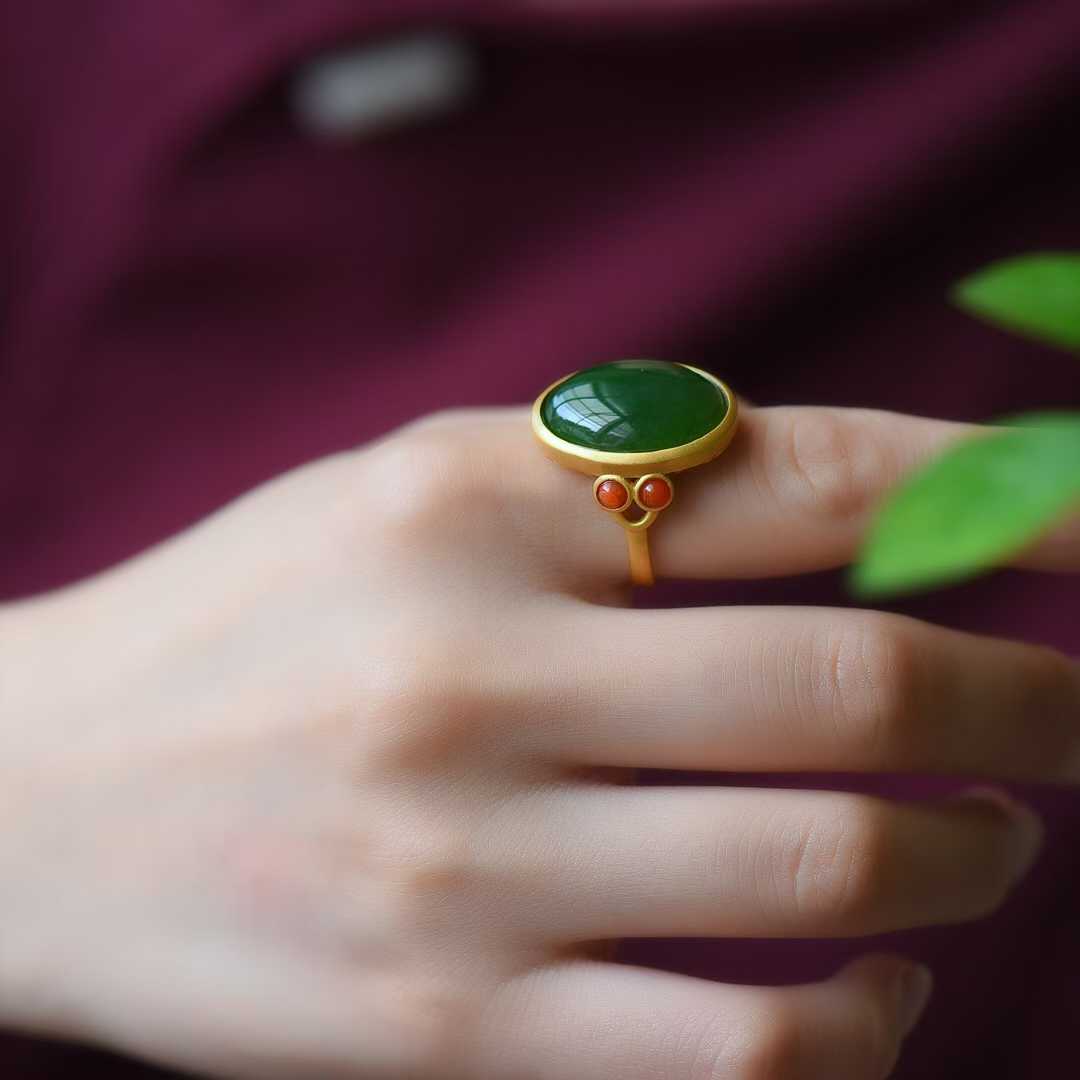 925 Silver Inlaid Nephrite Green Jade Cabochon Matte Gold Ring
