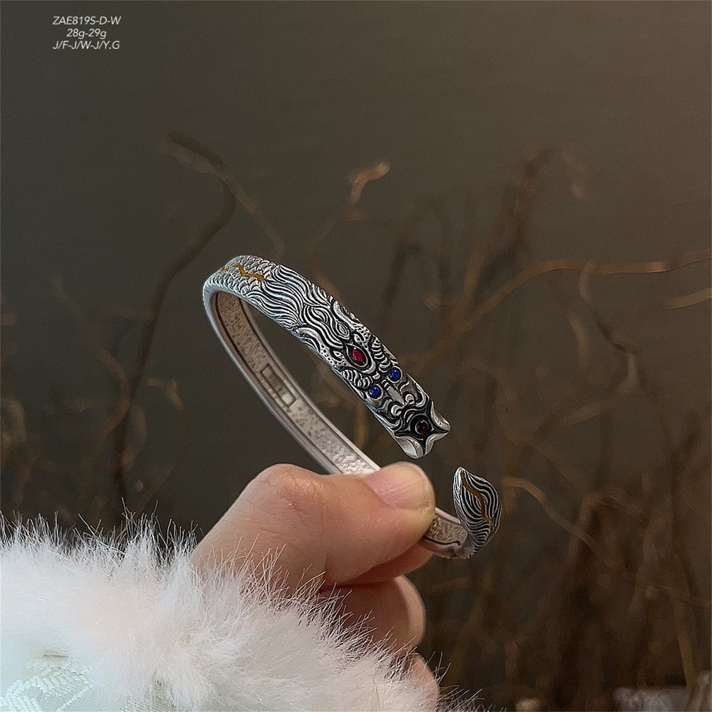 China dragon Playing with Pearl Open Sterling Silver Bracelet - jewelry - weilin.com