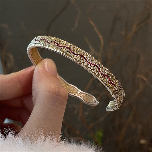 China dragon Playing with Pearl Open Sterling Silver Bracelet - jewelry - weilin.com