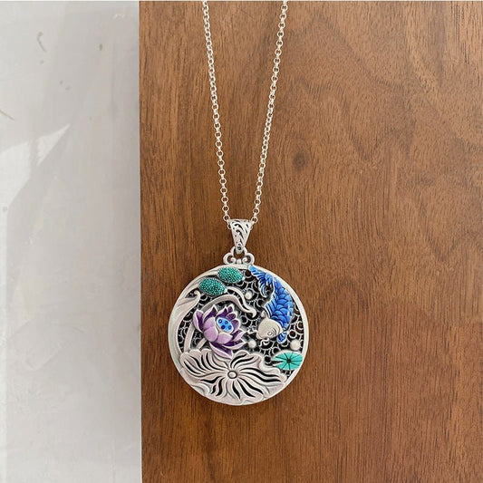 Chinese Colorful Lotus Sterling Silver Pendant - jewelry - weilin.com