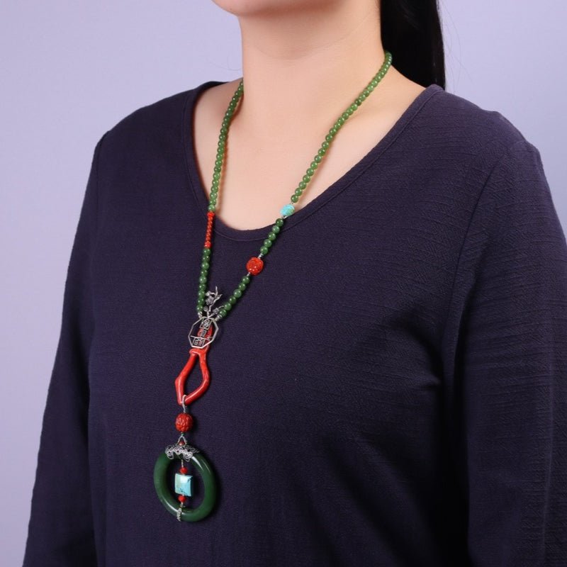Chinese style 18k buckle tower green jasper necklace - jewelry - weilin.com