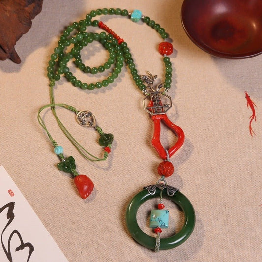 Chinese style 18k buckle tower green jasper necklace - jewelry - weilin.com