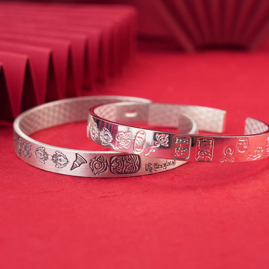 Chinese style lucky wide sterling silver bracelet - jewelry - weilin.com