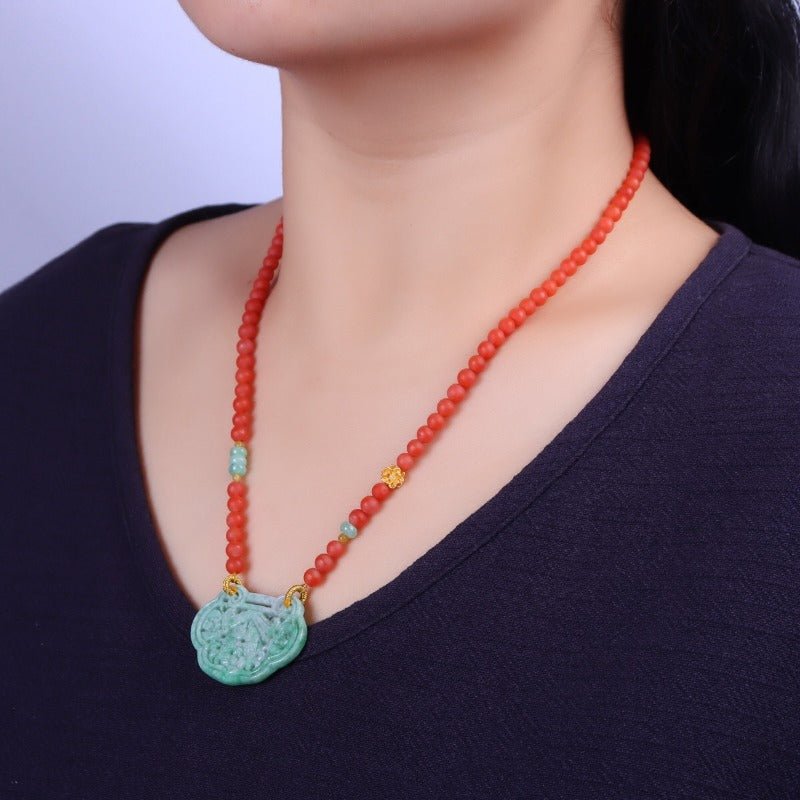 Chinese style natural jadeite and red nanhong necklace - jewelry - weilin.com