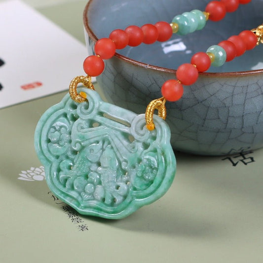 Chinese style natural jadeite and red nanhong necklace - jewelry - weilin.com