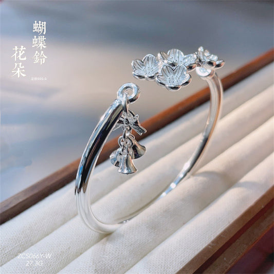 chinoiserie patterned butterfly bell open sterling silver bracelet - jewelry - weilin.com