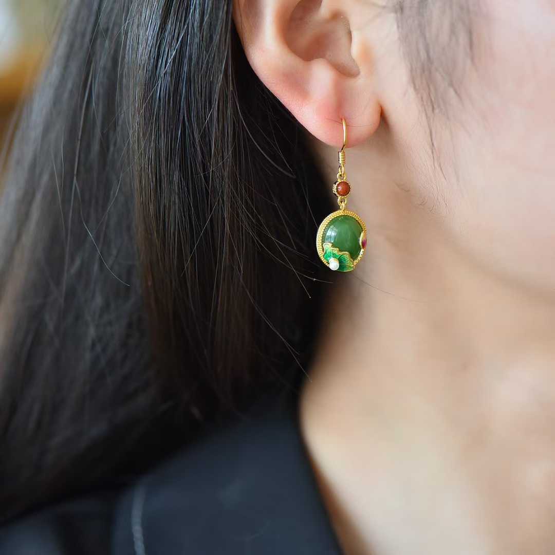 925 Silver Inlaid Hetian Spinach Green Nephrite "Lotus & Harmony" Stud Earrings