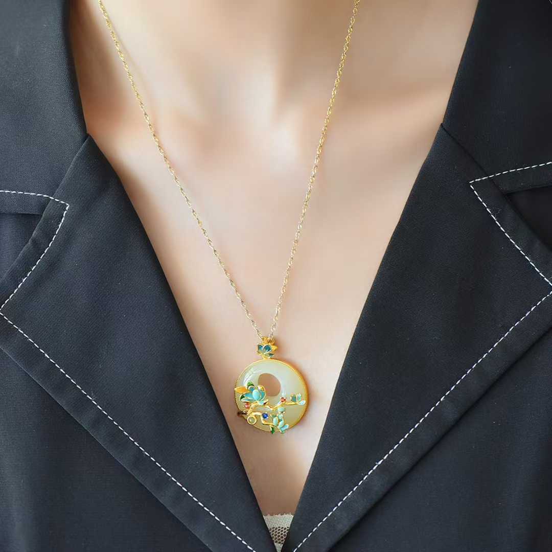 925 Silver Inlaid Hetian Nephrite "Princess Buckle & Butterfly-on-Flower" Pendant