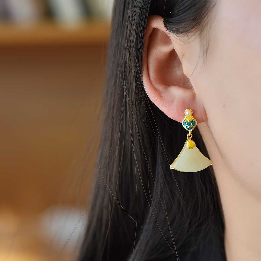 Traditional Chinese dragon scale Hetian jade earrings - silver inlaid