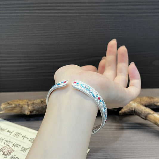 Heart Sutra Ancient Enamel Phoenix Feather Sterling Silver Bracelet