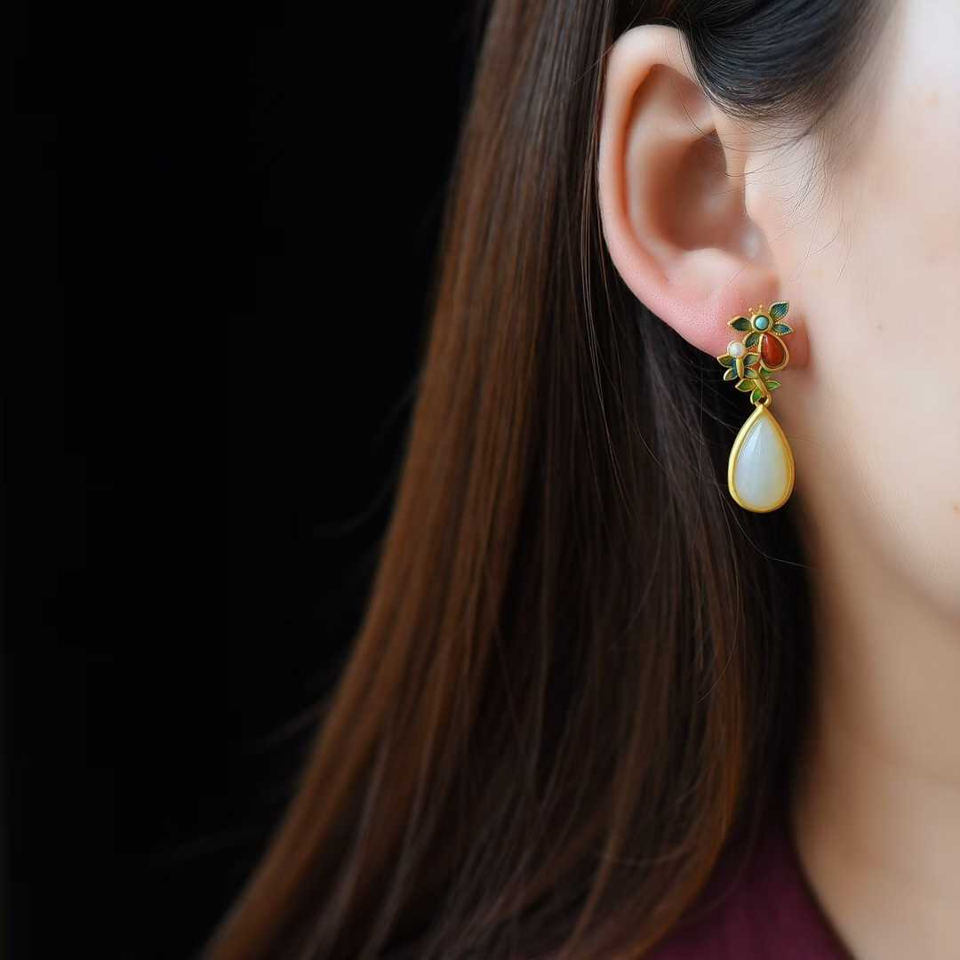 925 Silver Inlaid Hetian Jade Teardrop Enamel Earrings