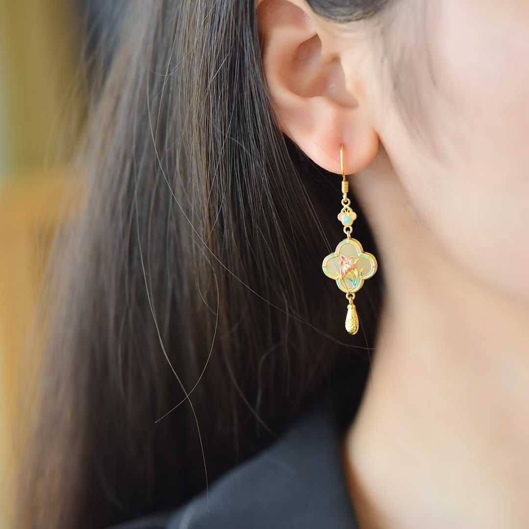 925 Silver Inlaid Hetian Nephrite "Four-Leaf Clover & Plum Blossom" Earrings