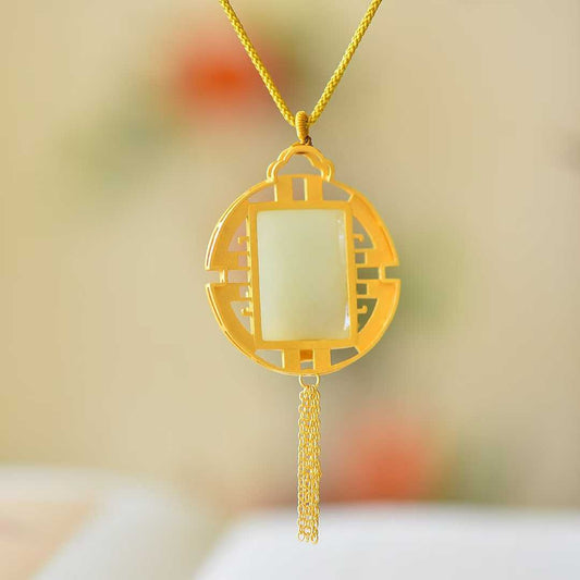 925 Silver Inlaid Nephrite Fan-Shaped "Shunxin Zhuyi" Tassel Pendant