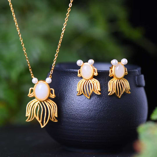 925 Silver Inlaid Nephrite Jewelry Set with Thick Matte Gold Fish Pendant