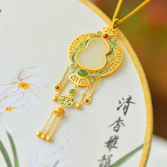 925 Silver Inlaid Nephrite "Gourd" Vintage Pendant for Adding Blessings and Good Fortune