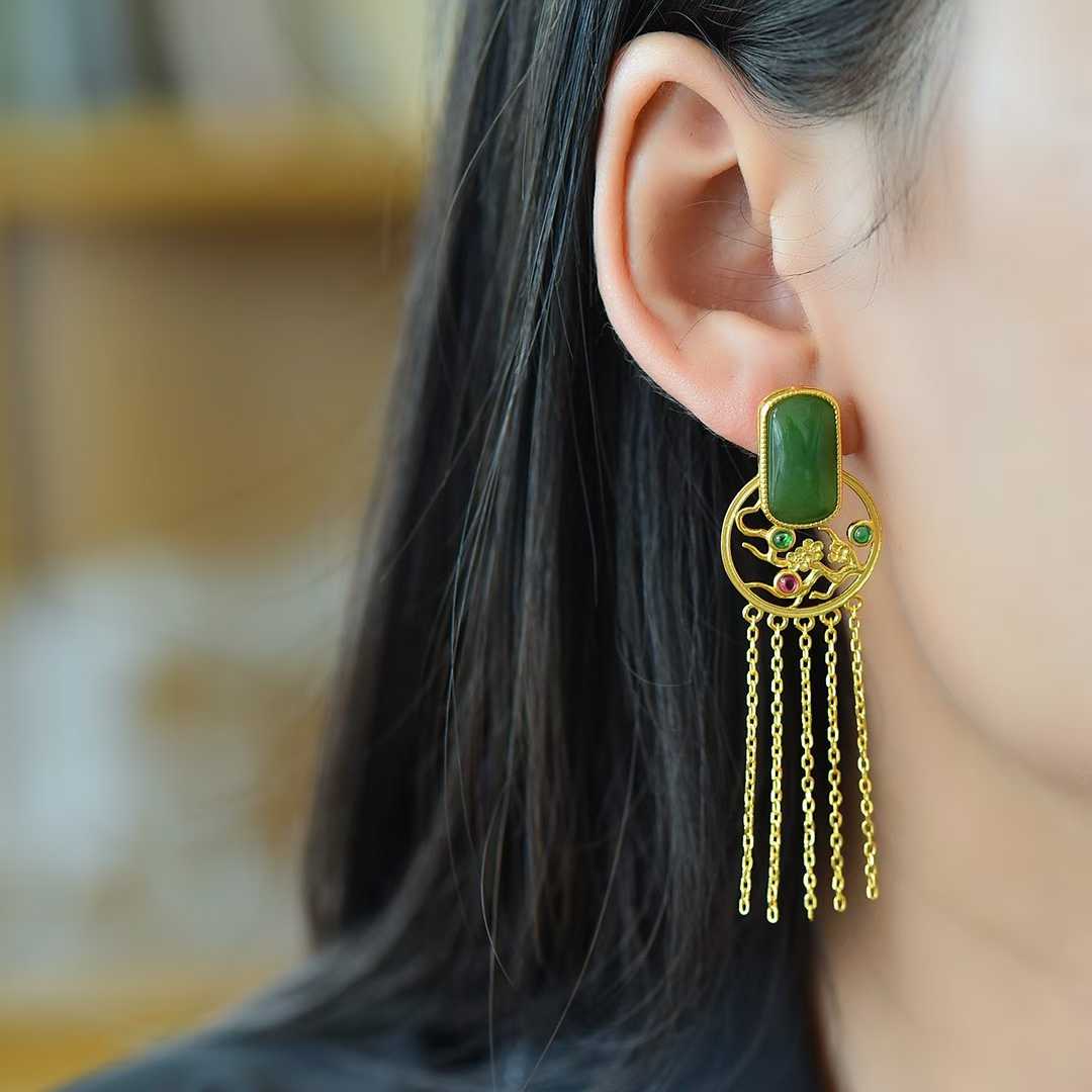 Traditional Chinese plum blossom Hetian jasper earrings - sterling silver