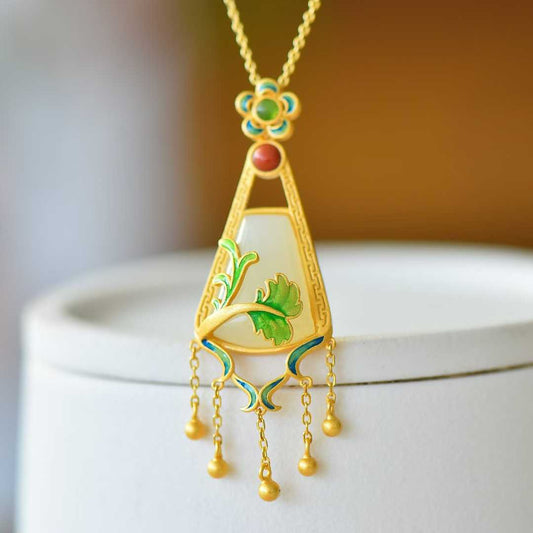 925 Silver Inlaid Nephrite "One Leaf Contains the Universe" Tassel Pendant