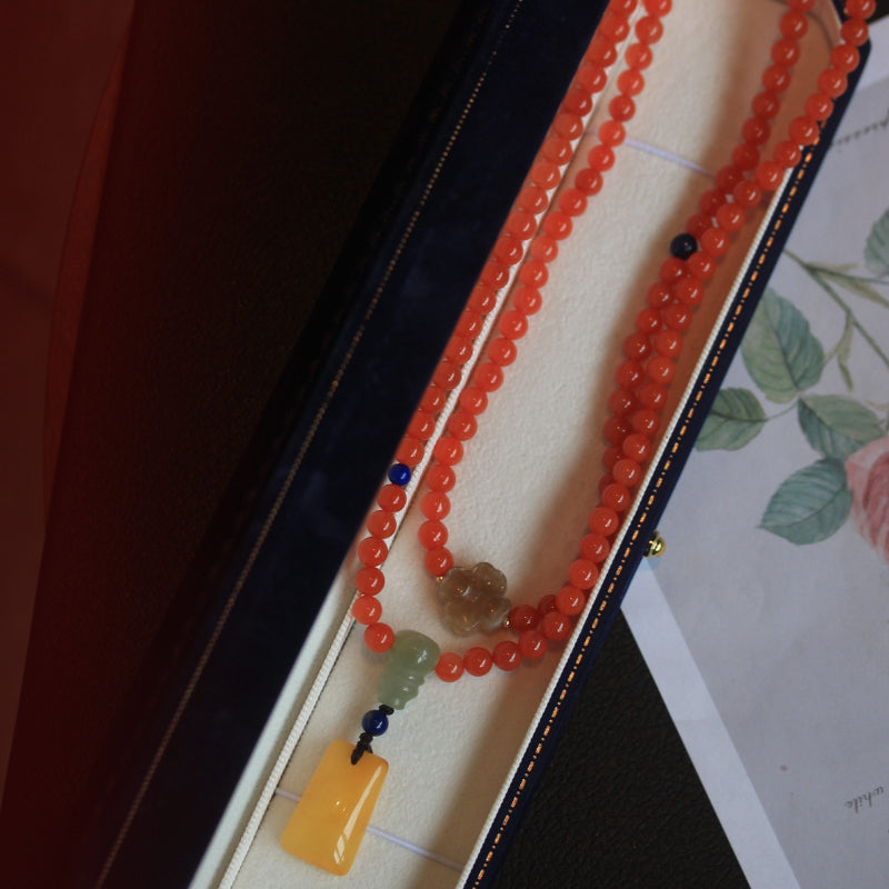 Natural Nanhong Agate 5.8mm Bracelet with Beeswax Amber and Hetian Jade Accents Triple Treasure Combination
