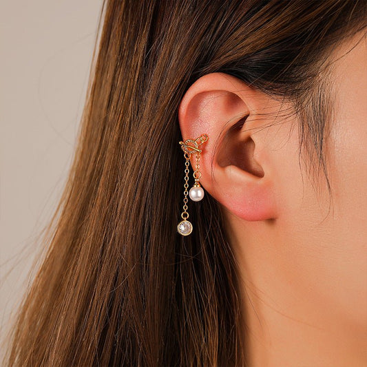 High - grade pearl ot buckle tassel ear bone clip non - pierced earrings - jewelry - weilin.com