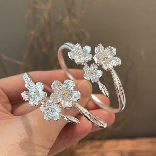 Plum Blossom Sterling Silver Bracelet Ring - jewelry - weilin.com