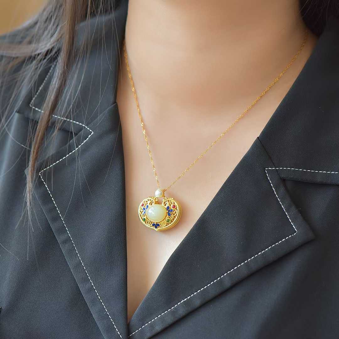 S925 Silver Inlaid Hetian Nephrite "All Wishes Come True & Ruyi Lock" Pendant - jewelry - weilin.com