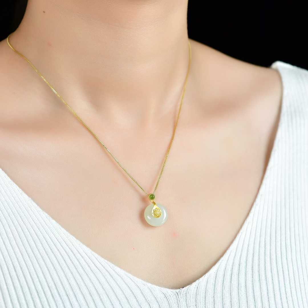 S925 Silver Inlaid Hetian Nephrite "Complete & Perfect" Pendant - jewelry - weilin.com