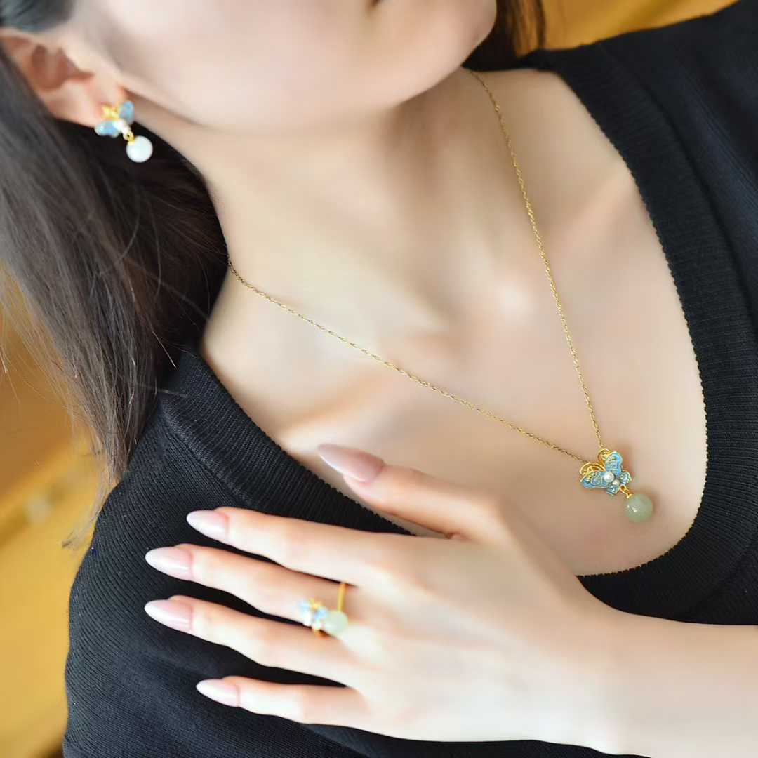 S925 Silver Inlaid Hetian Nephrite "Fluttering Butterflies" Jewelry Set - jewelry - weilin.com