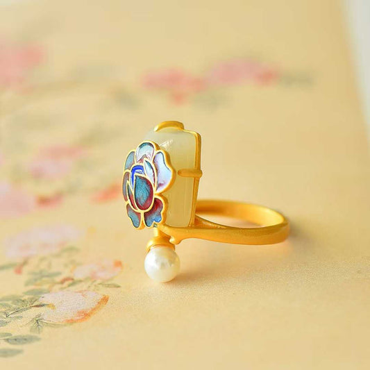 S925 Silver Inlaid Hetian Nephrite Peony Enamel Ring - jewelry - weilin.com
