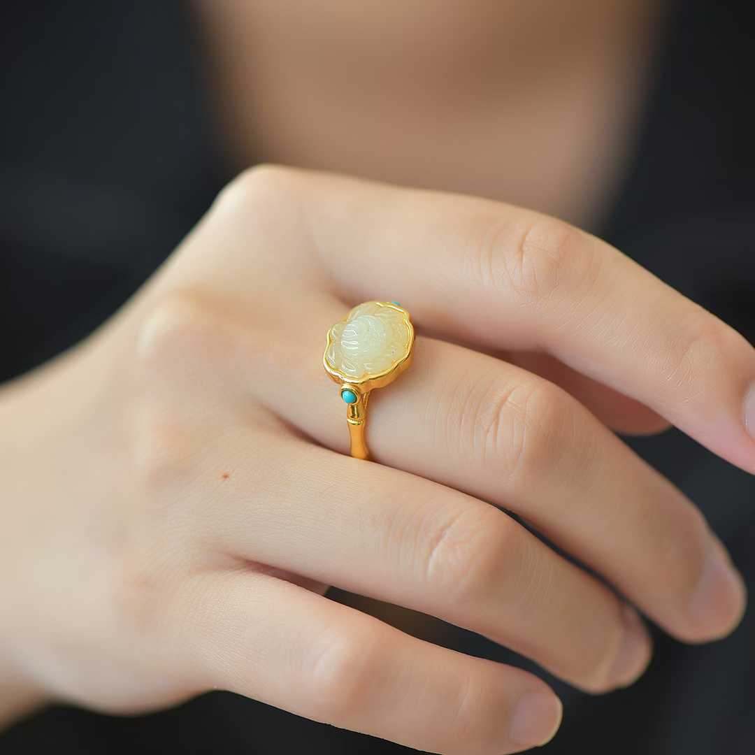 S925 Silver Inlaid Hetian Nephrite "Silver Lotus & Ruyi" Ring - jewelry - weilin.com