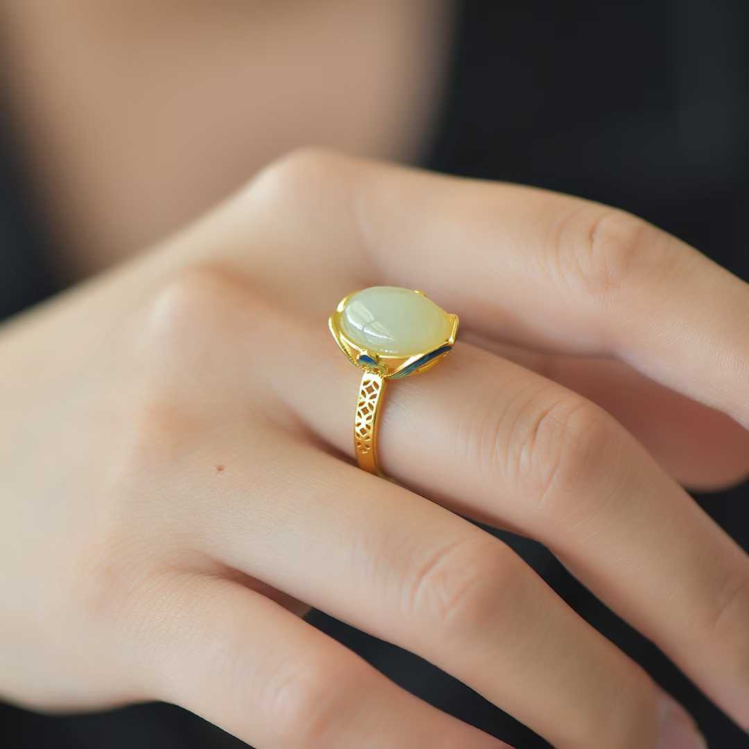 S925 Silver Inlaid Nephrite "Zhao Cai Jin Bao An Kang" Ring - jewelry - weilin.com