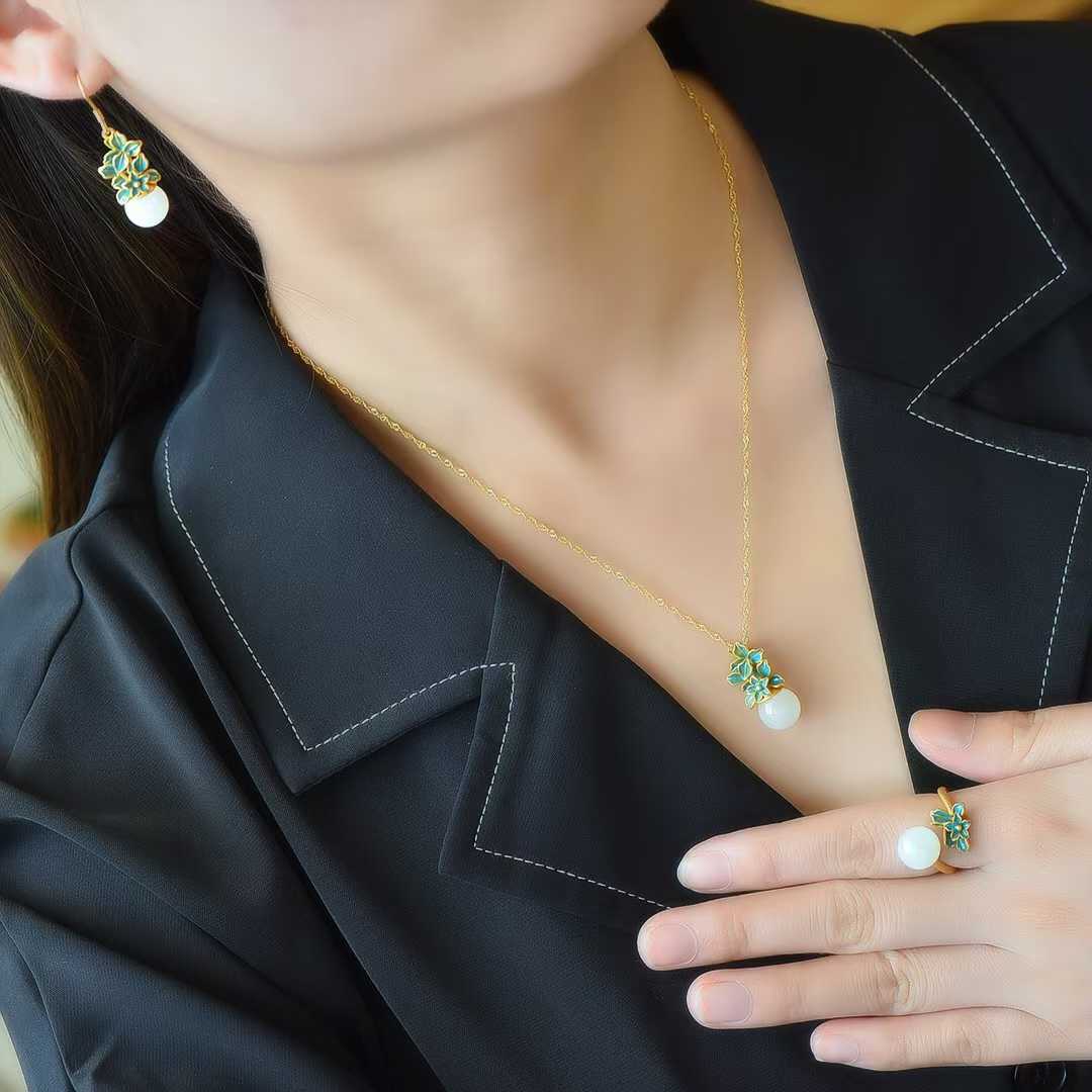 S925 Sterling Silver Hetian Jade "Spring" Three - Piece Jewelry Set - Jewelry Weilin