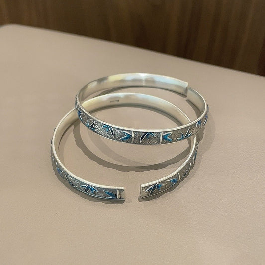 Sandy old enamel bamboo leaf sterling silver bracelet - jewelry - weilin.com